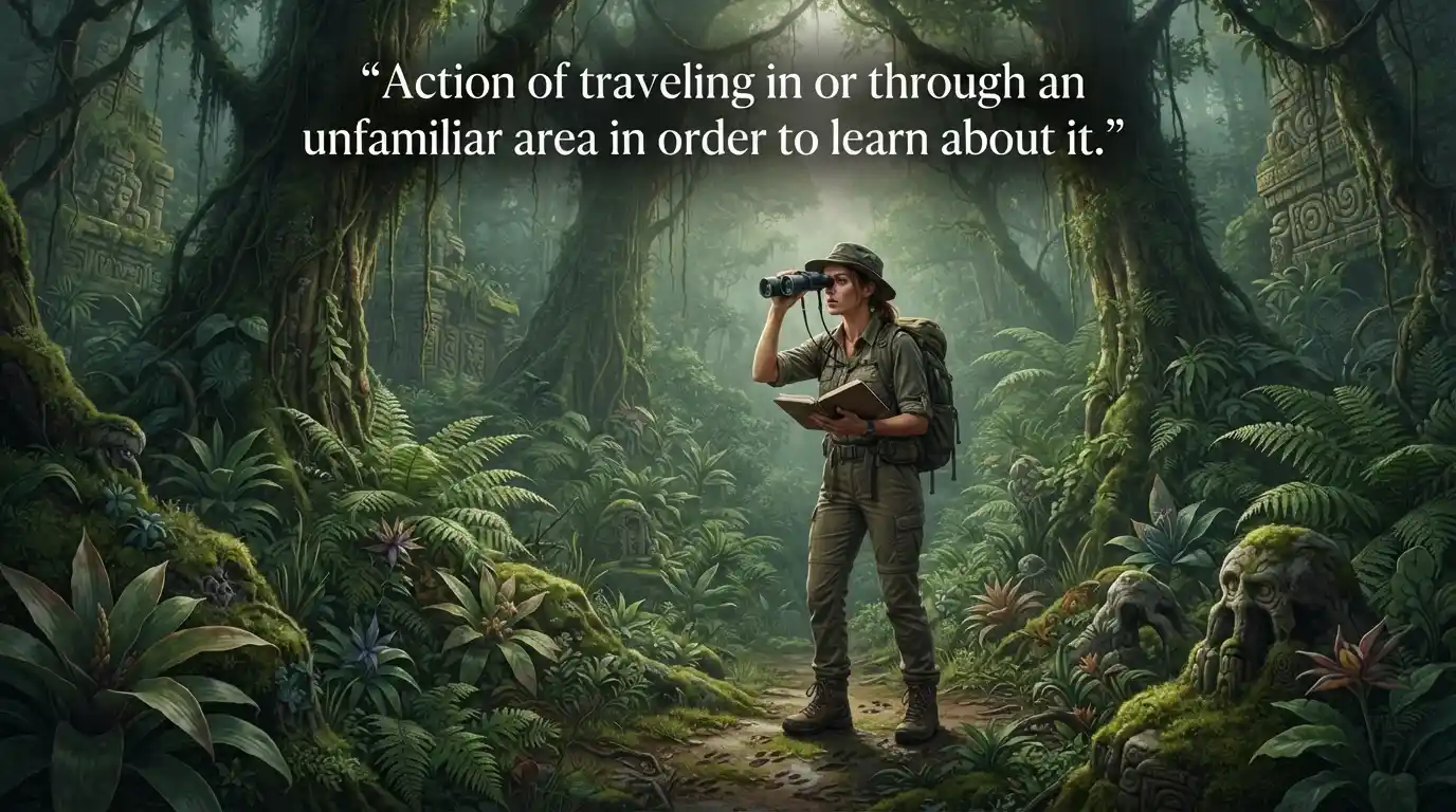 Action of traveling in or through an unfamiliar area in order to learn about it.
