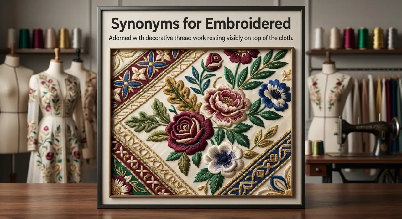 Adorned with decorative thread work resting visibly on top of the cloth