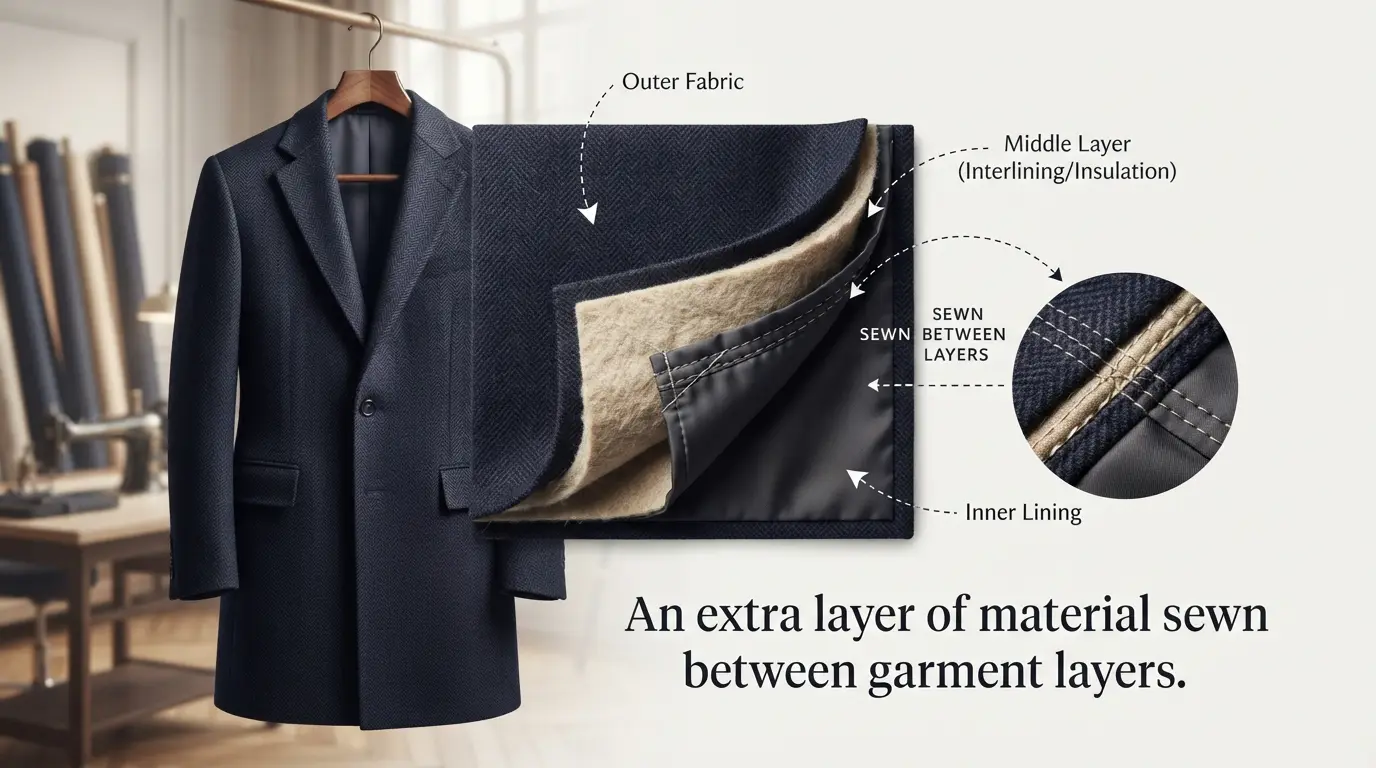 An extra layer of material sewn between garment layers.