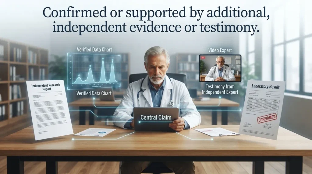Confirmed or supported by additional, independent evidence or testimony.