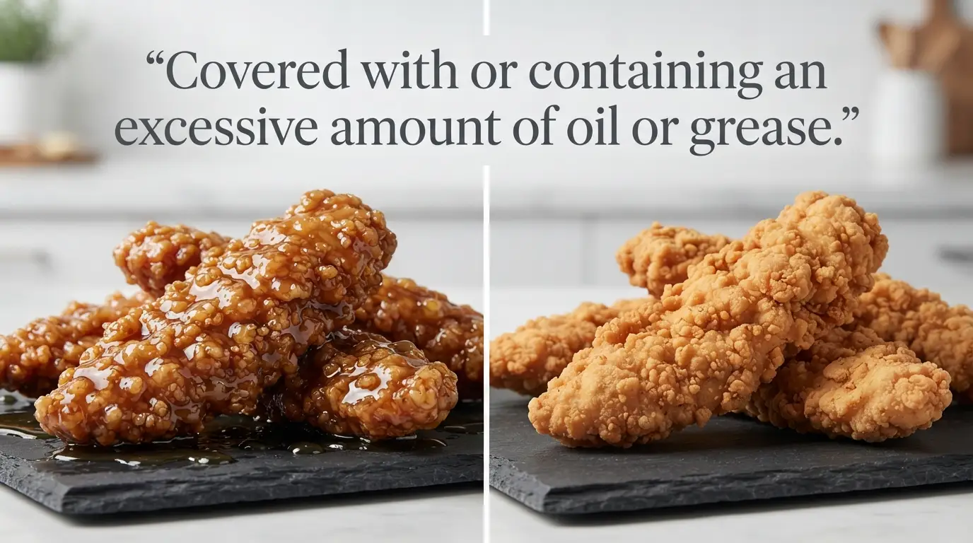 Covered with or containing an excessive amount of oil or grease.
