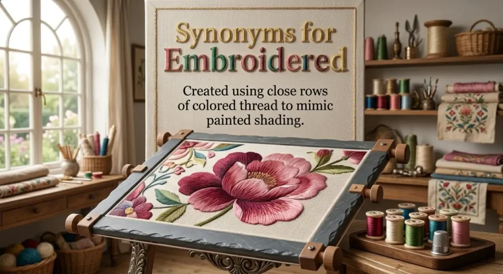 Created using close rows of colored thread to mimic painted shading.