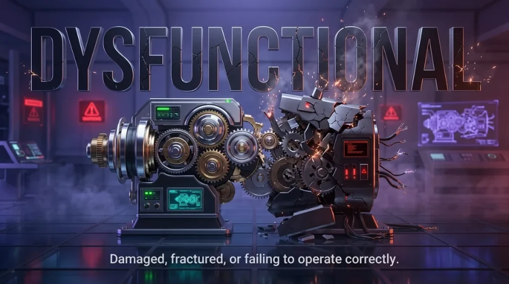 Damaged, fractured, or failing to operate in the correct manner.