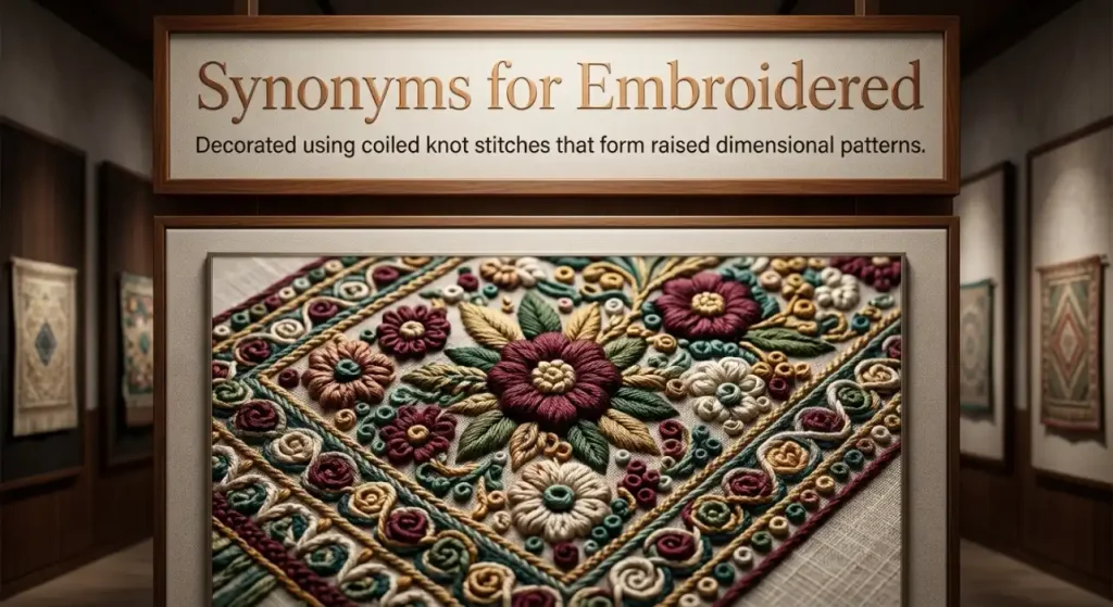 Decorated using coiled knot stitches that form raised dimensional patterns