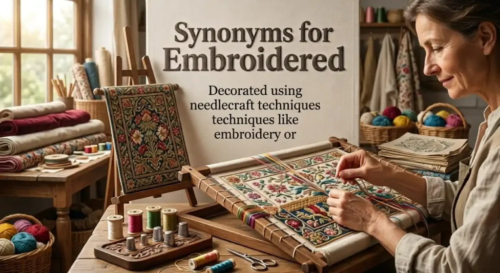 Decorated using needlecraft techniques like embroidery or tapestry.