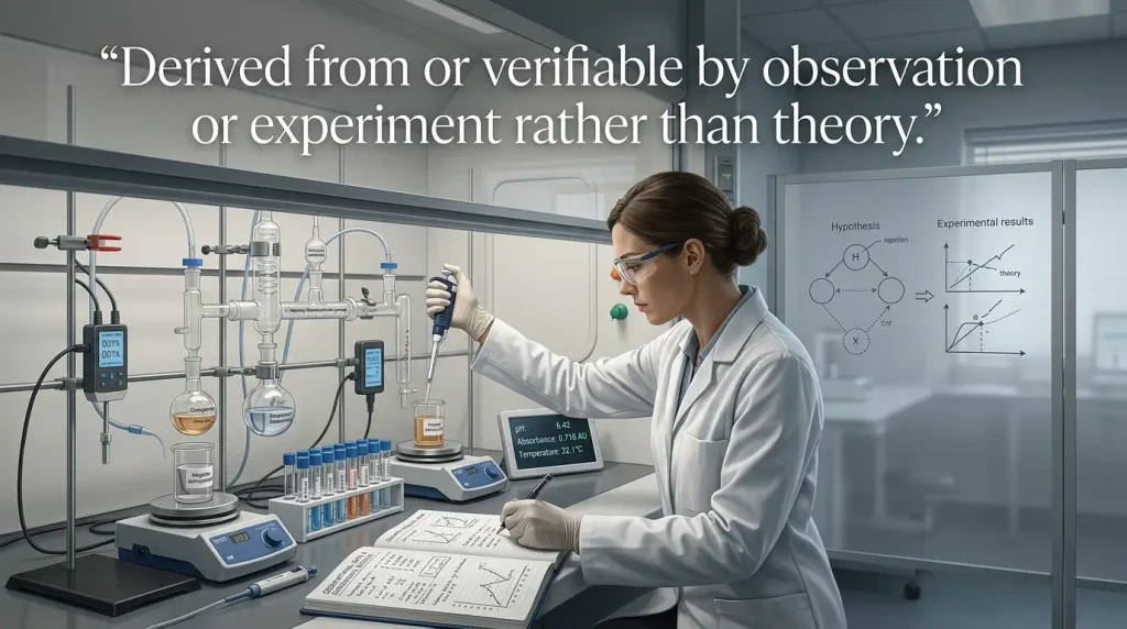 Derived from or verifiable by observation or experiment rather than theory.