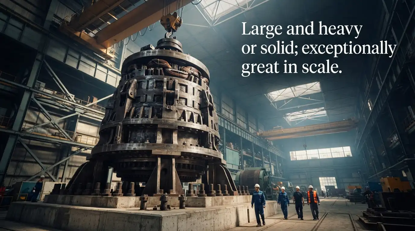 Large and heavy or solid; exceptionally great in scale.