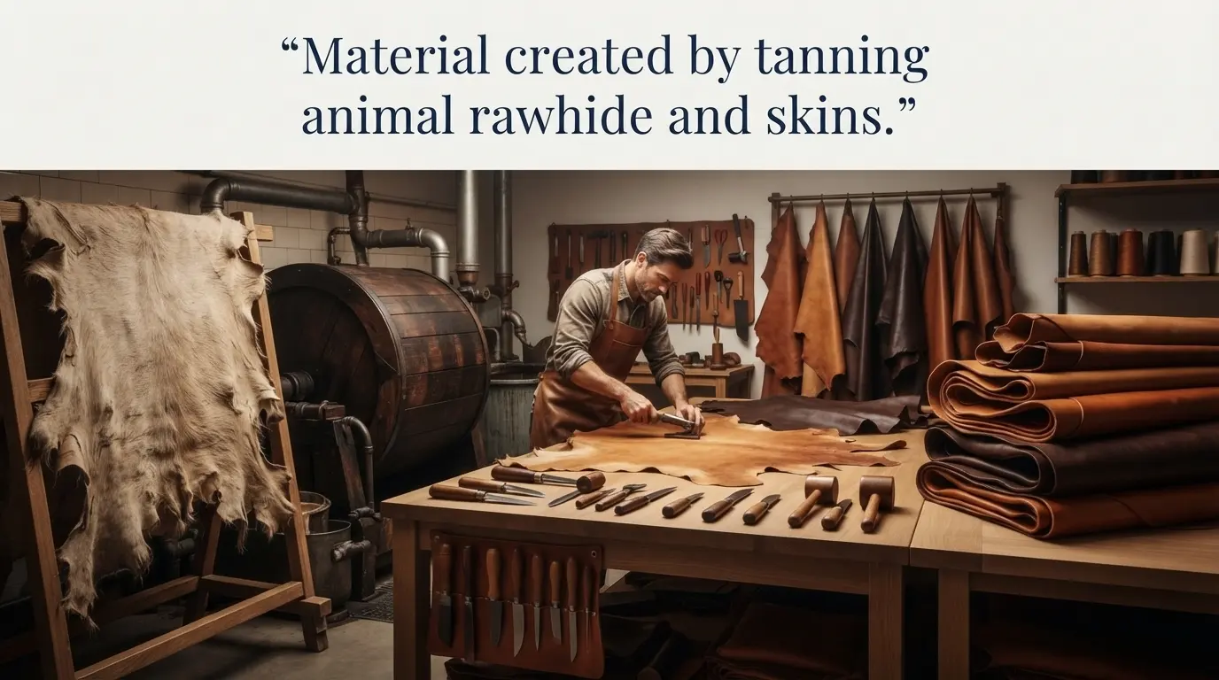 Material created by tanning animal rawhide and skins.