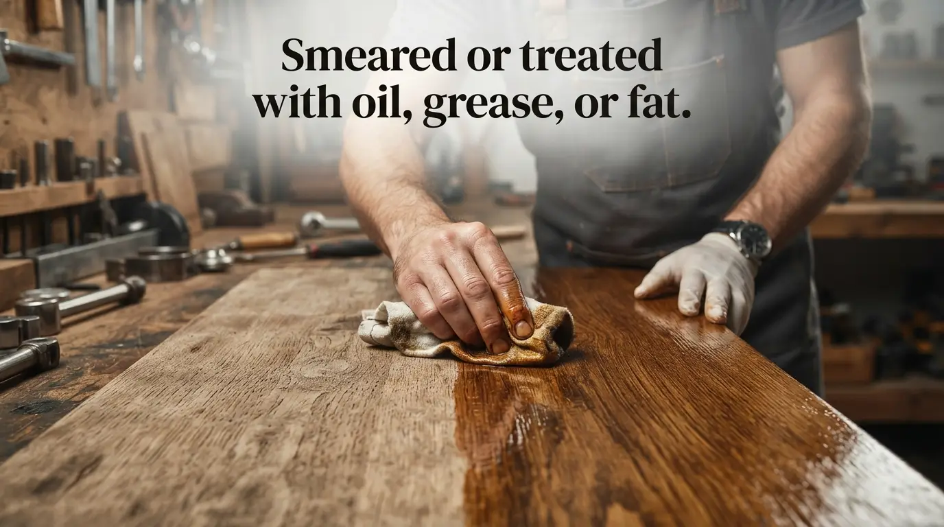 Smearred or treated with oil, grease, or fat.