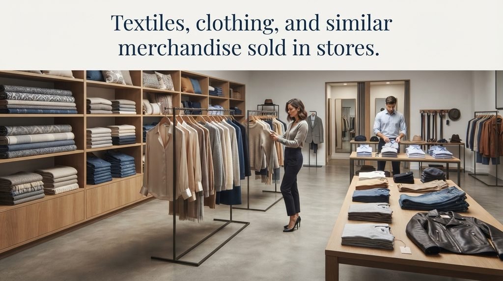 Textiles, clothing, and similar merchandise sold in stores.
