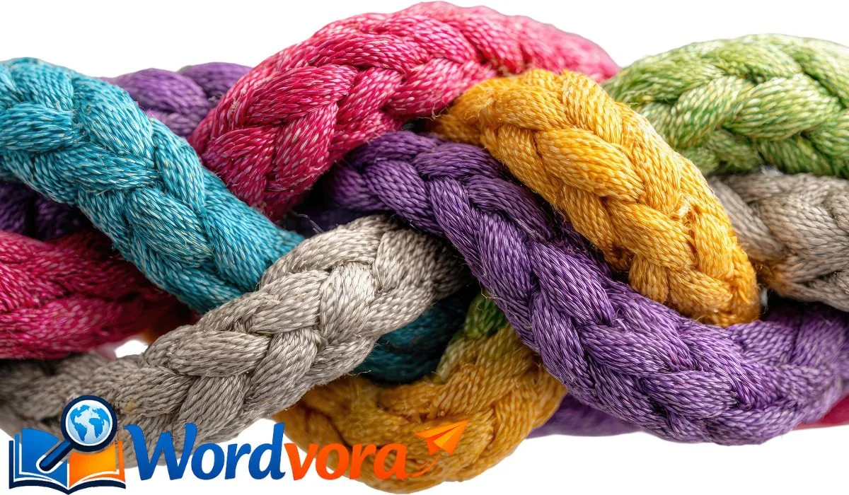 Twisted together or interwoven closely with fabric or stems.