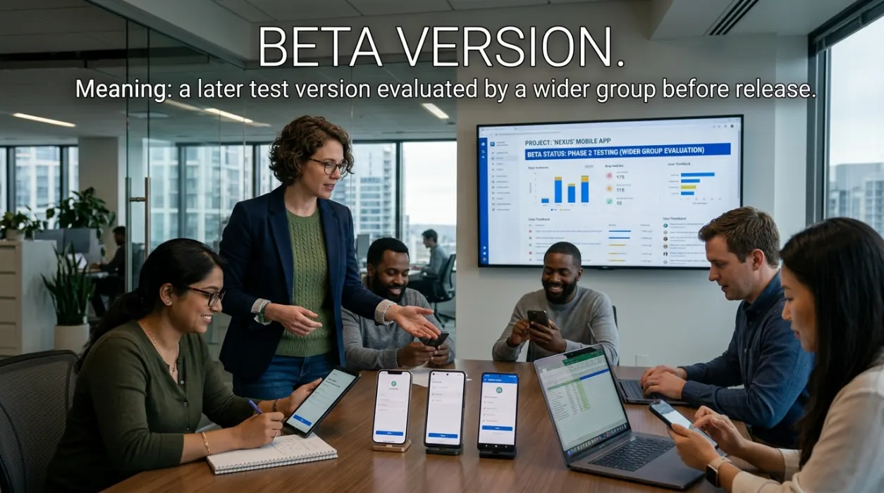 A beta version is a later test version that is often evaluated by a wider group before release.