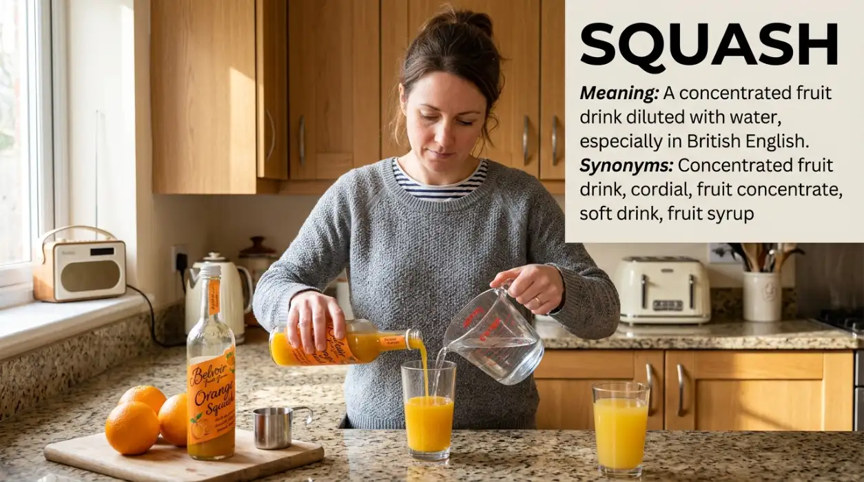 A concentrated fruit drink that is diluted with water, especially in British English.