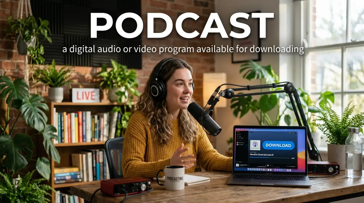 A digital audio or video program made available for downloading.