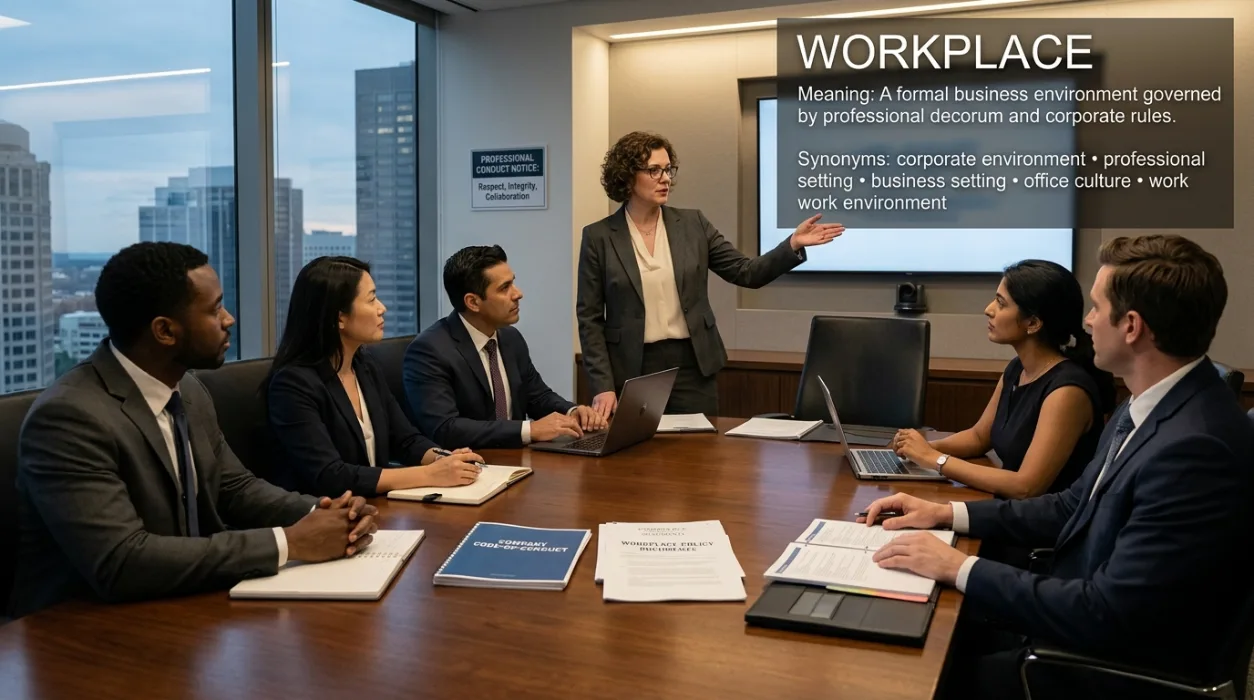 A formal business environment characterized by professional decorum and corporate rules.