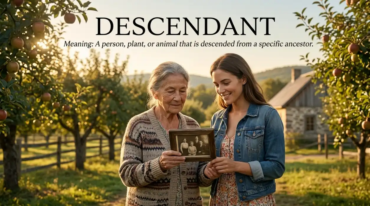 A person, plant, or animal that is descended from a specific ancestor