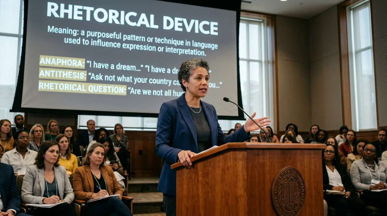 A purposeful pattern or technique in language used to influence expression or interpretation.