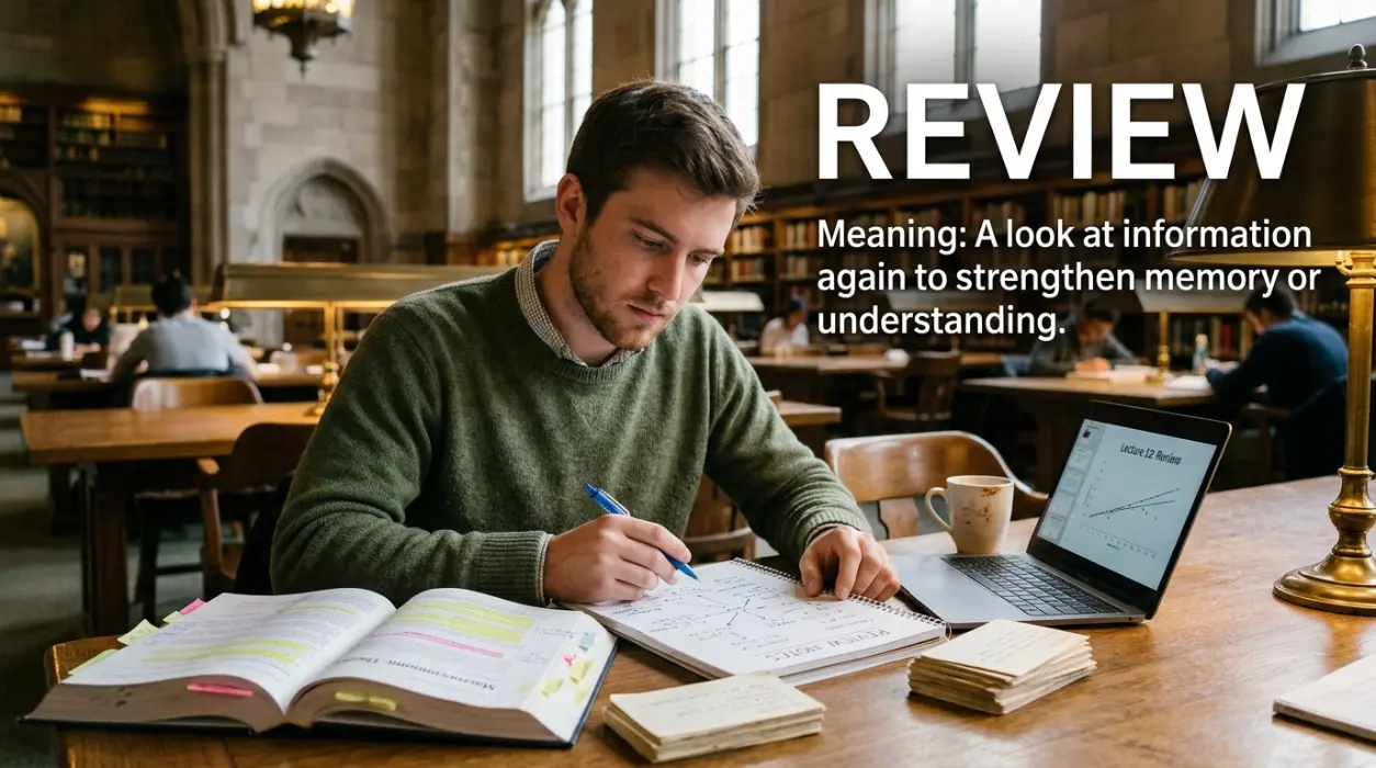 A review is a look at information again to strengthen memory or understanding.
