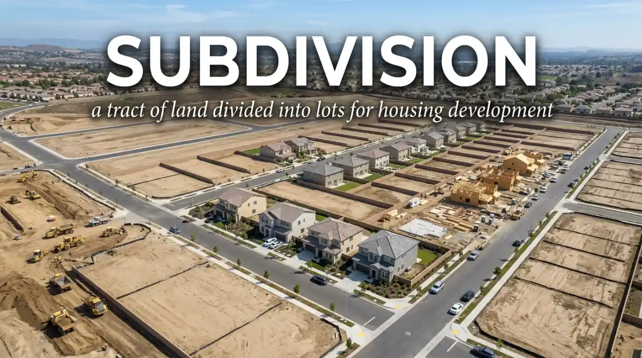 A tract of land divided into lots for housing development.