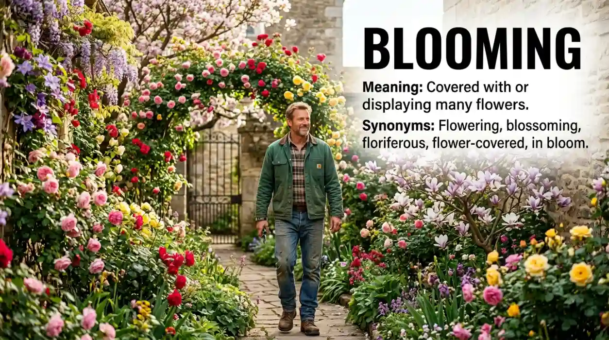 Abloom means covered with or displaying many flowers.