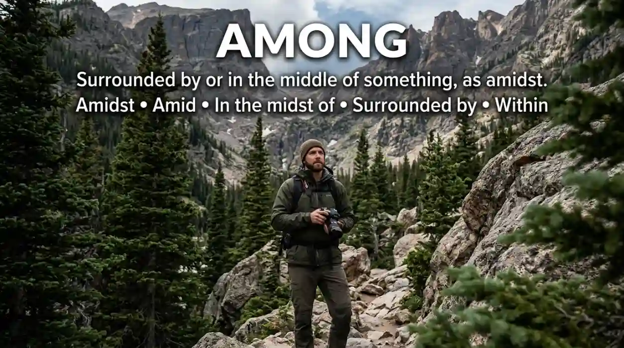 Amidst means surrounded by or in the middle of something