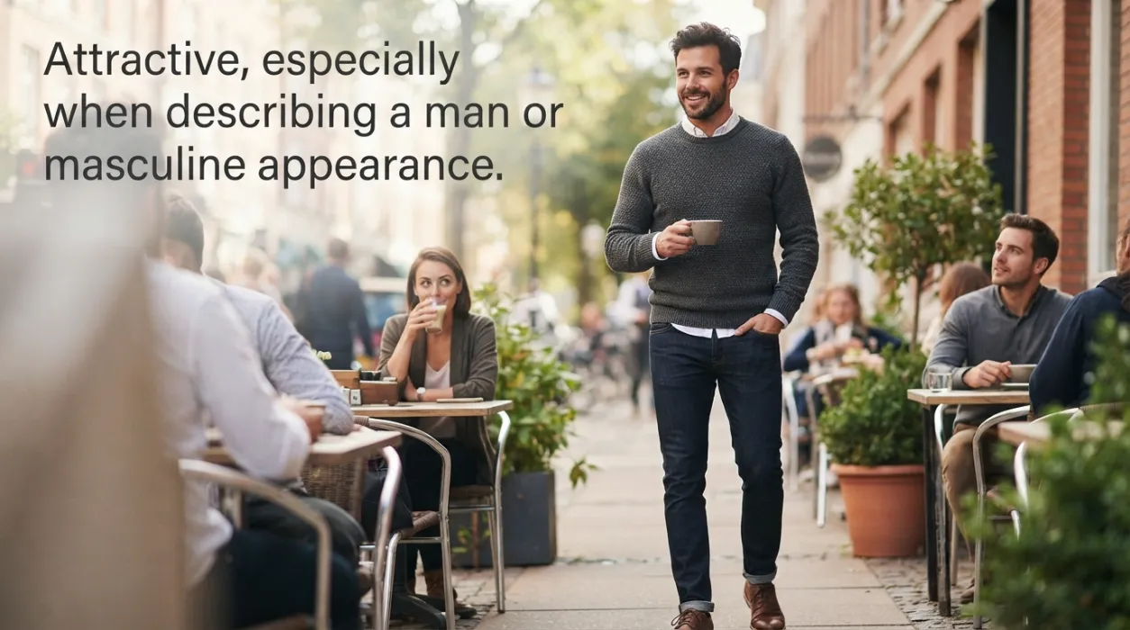 Attractive, especially when describing a man or masculine appearance
