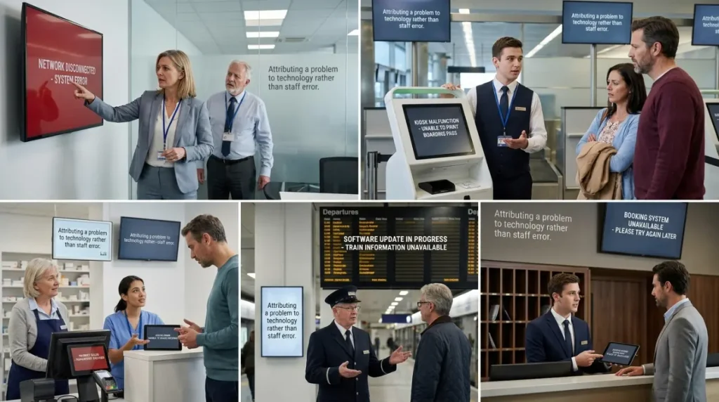 Attributing a problem to technology rather than staff error.