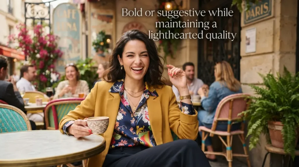Bold or suggestive while maintaining a lighthearted quality.