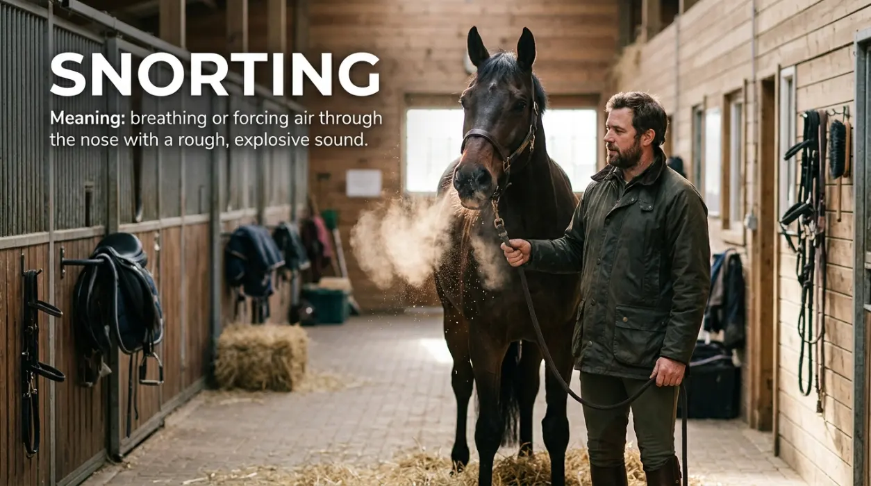 Breathing or forcing air through the nose with a rough, explosive sound.