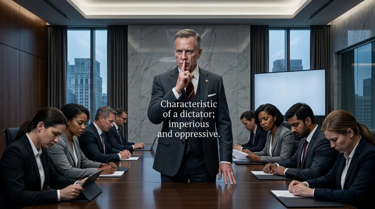 Characteristic of a dictator; imperious and oppressive.