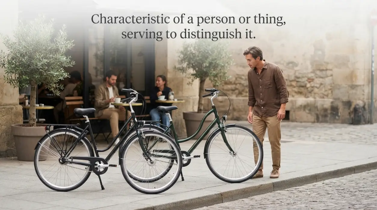 Characteristic of a person or thing, serving to distinguish it.