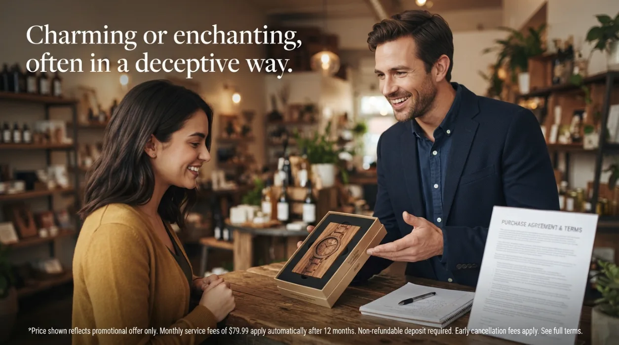Charming or enchanting, often in a deceptive way.