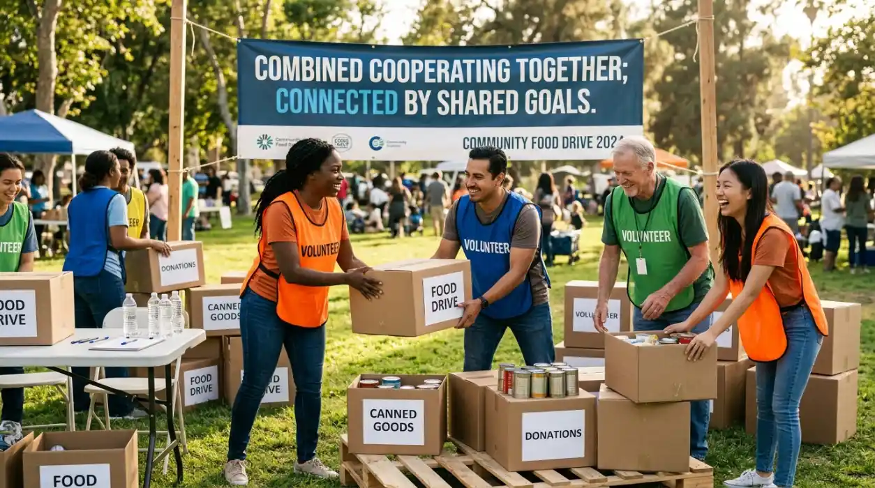 Combined cooperating together; connected by shared goals.