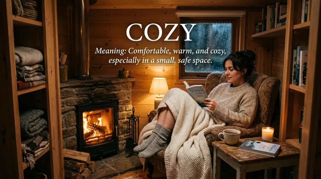 Comfortable, warm, and cozy, especially in a small, safe space.