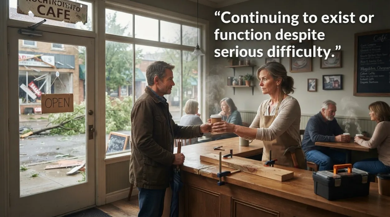 Continuing to exist or function despite serious difficulty.