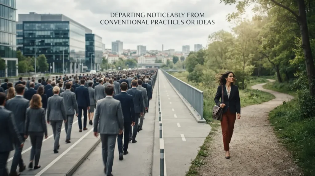 Departing noticeably from conventional practices or ideas.