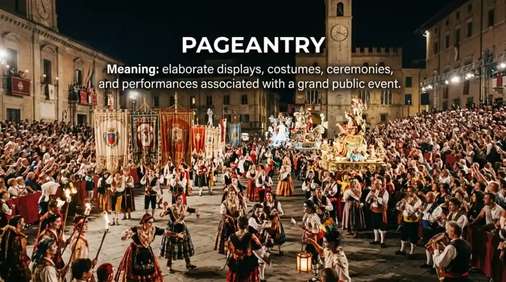Elaborate displays, costumes, ceremonies, and performances associated with a grand public event.