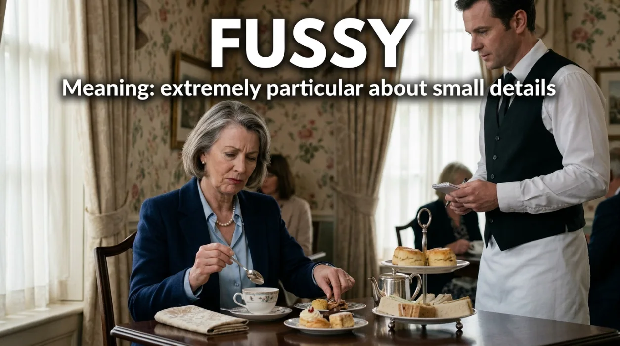 Extremely particular about small details, especially in British English.