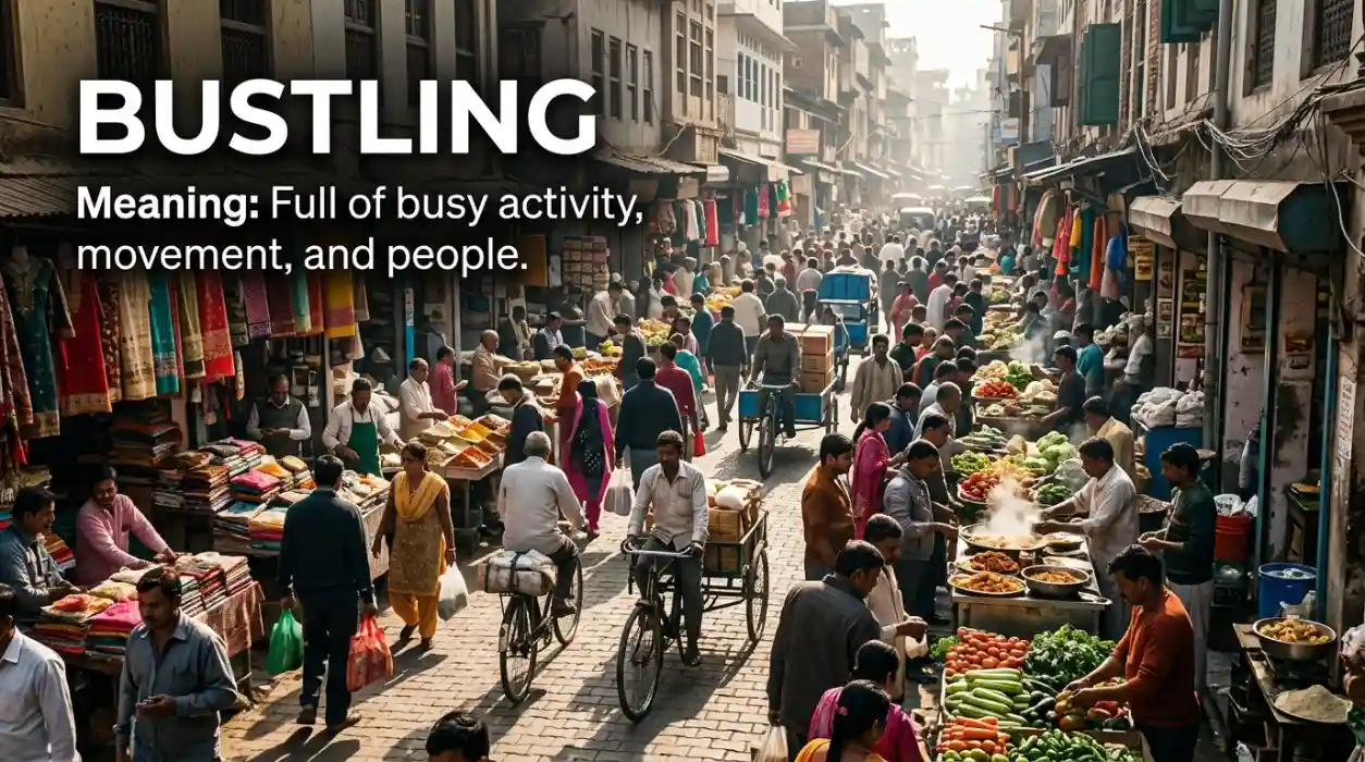 Full of busy activity, movement, and people.