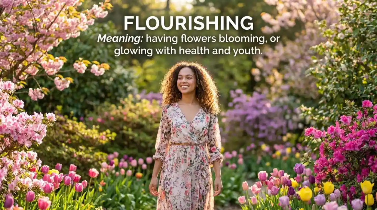 Having flowers blooming, or glowing with health and youth.