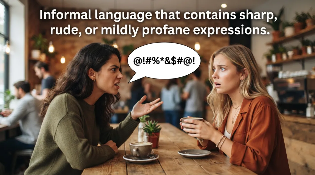 Informal language that contains sharp, rude, or mildly profane expressions.