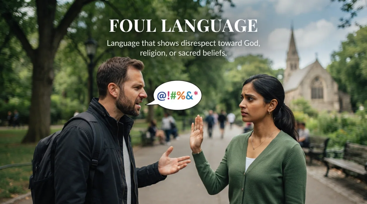 Language that shows disrespect toward God, religion, or sacred beliefs.