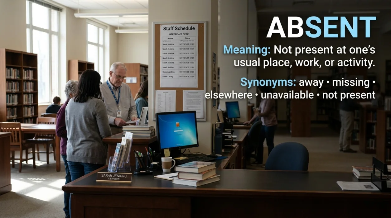 Not present at one's usual place of work, residence, or activity.