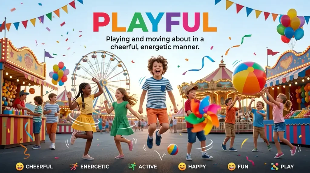 Playing and moving about in a cheerful, energetic manner.