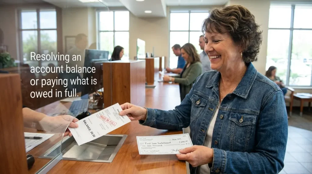 Resolving an account balance or paying what is owed in full.