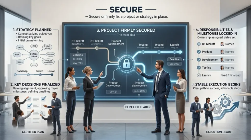 Secure or firmly fix a project or strategy in place.