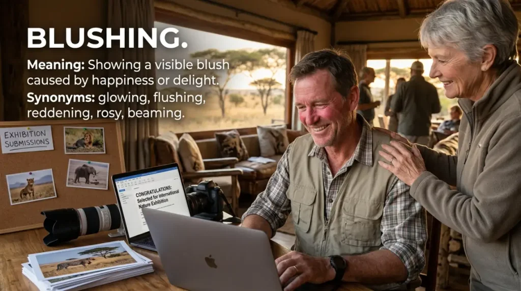 Showing a blush caused by happiness or delight.