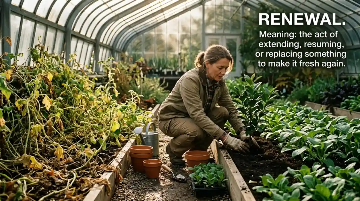 The act of extending, resuming, or replacing something to make it fresh again.