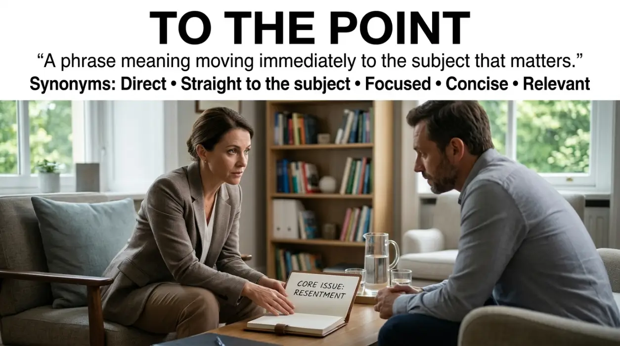 This phrase means moving immediately to the subject that matters