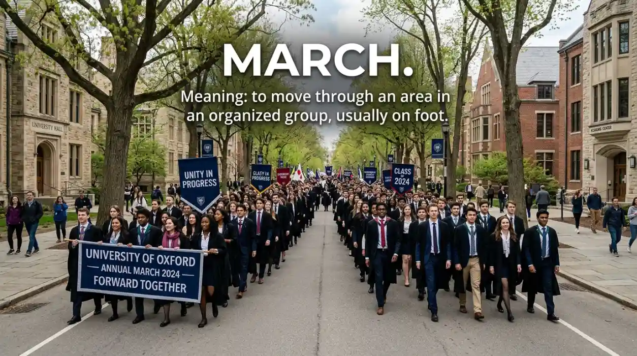 To move through an area in an organized group, usually on foot.